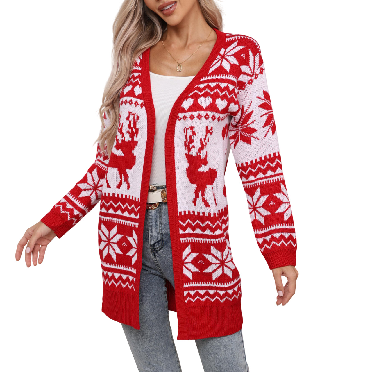 Womens Christmas Knit Cardigan Long Open Front Knit Sweater Winter Outerwear